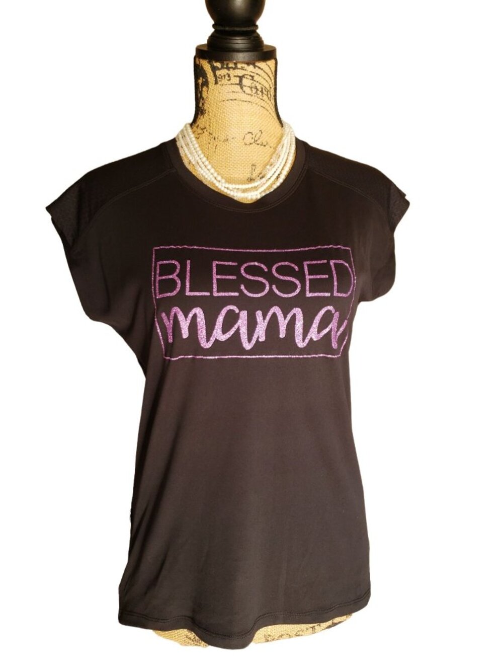 C9 Champion Womens XS Tee Black Blessed Mama Purple Glitter Casual SS Side Zip